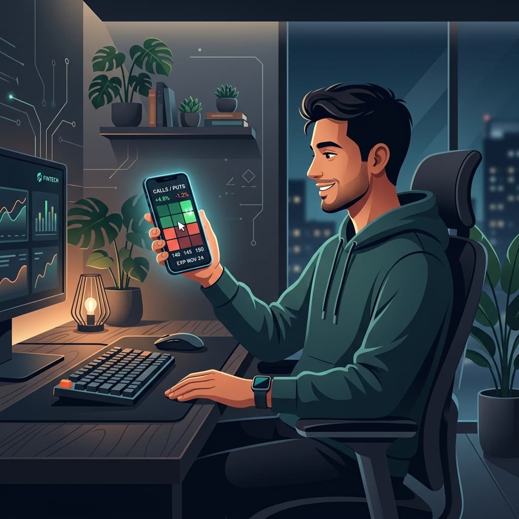 Calm trader holding Nimbus app on phone