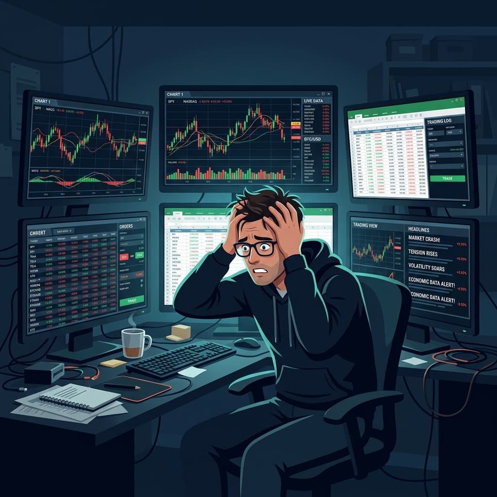 Overwhelmed trader with multiple chaotic screens